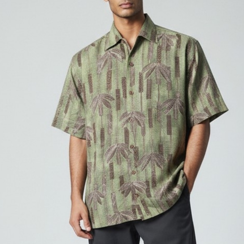 Tommy Bahama Green and Brown Palm-Print Short Sleeve Camp Shirt